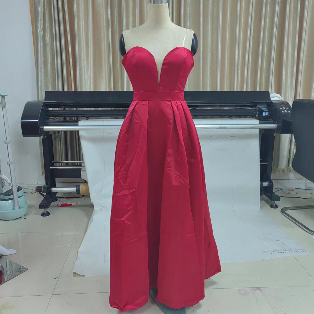 Strapless Plunging Deep V-Neck Pleated High Split Satin Maxi Gown - View 5