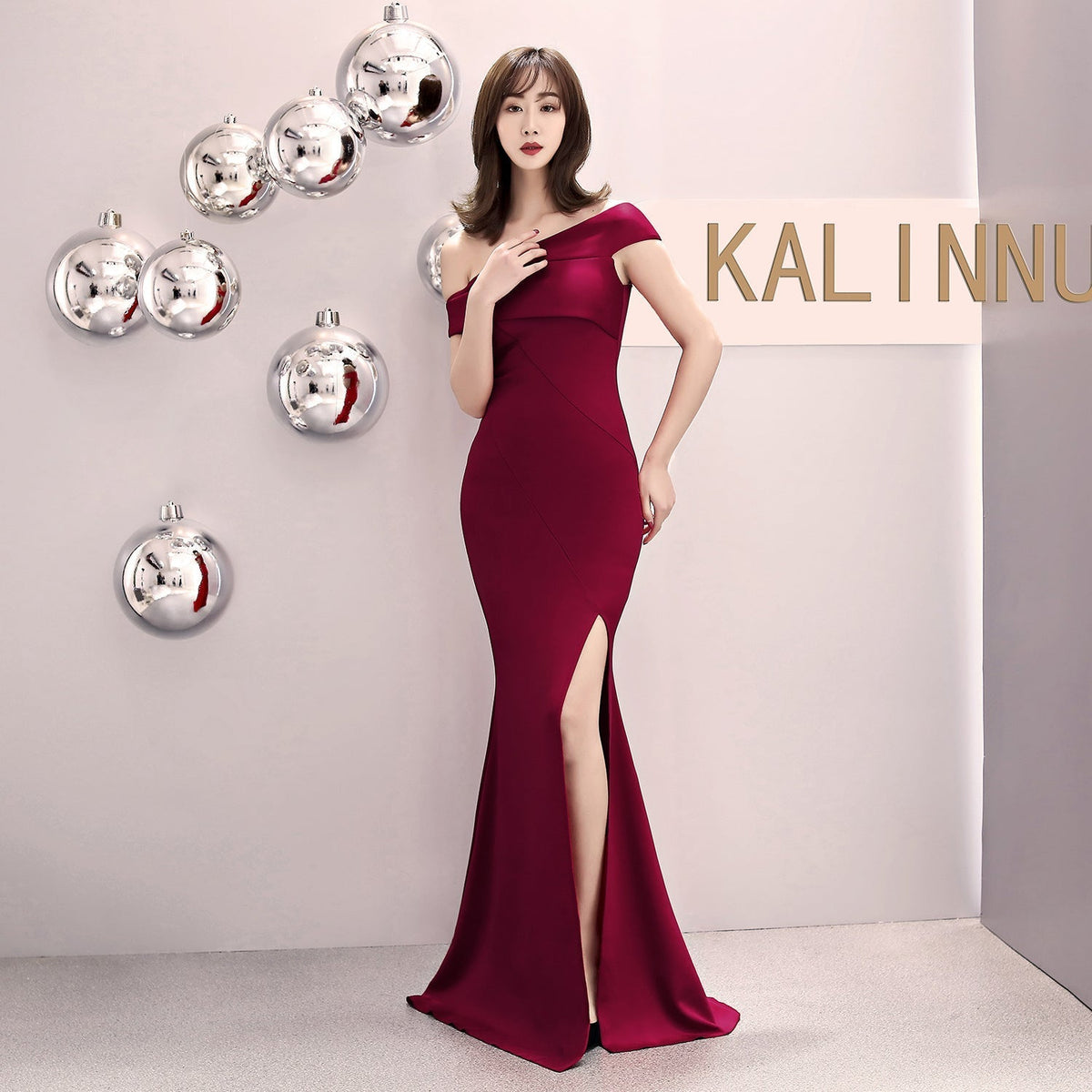 Satin Off Shoulder High Split Mermaid Gown - View 9