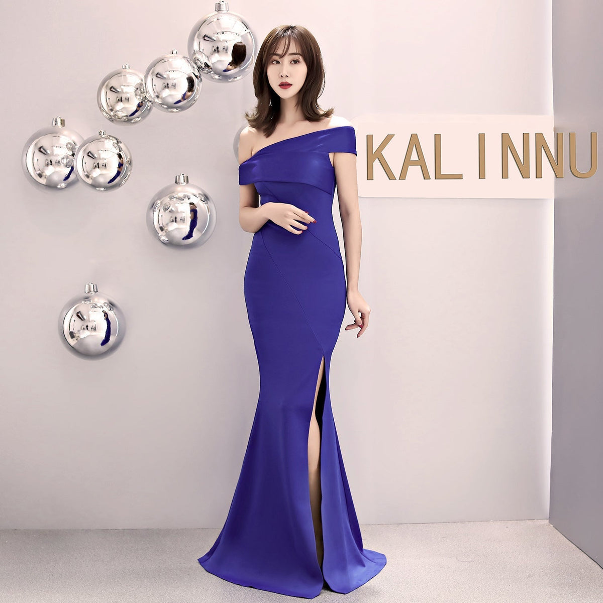 Satin Off Shoulder High Split Mermaid Gown - View 11