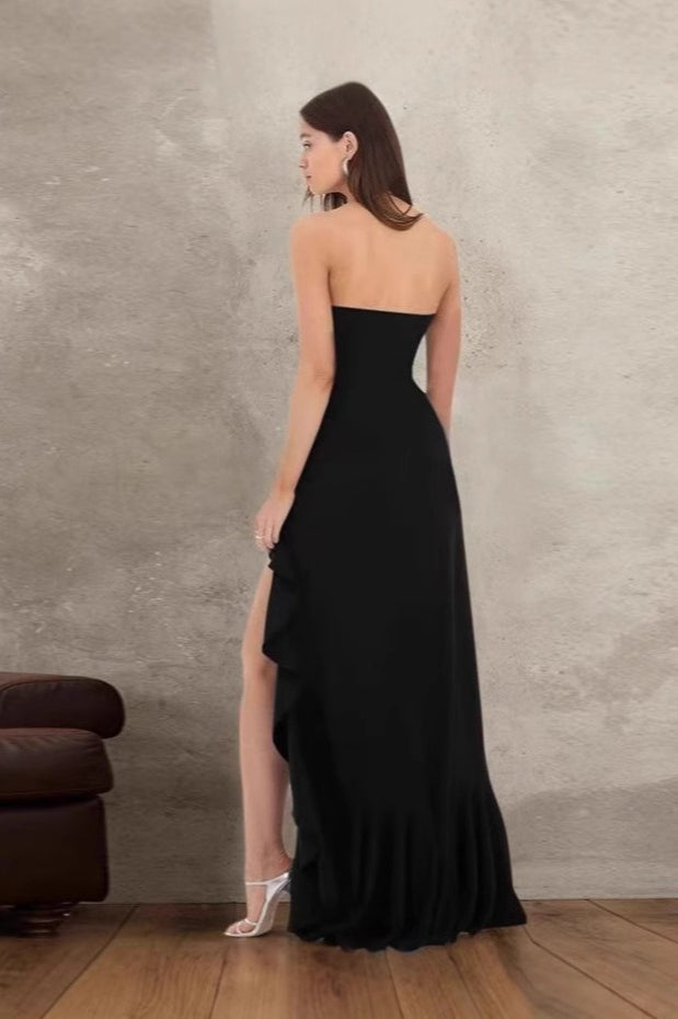 Strapless Ruffle High Slit High Low Maxi Dress - View 12