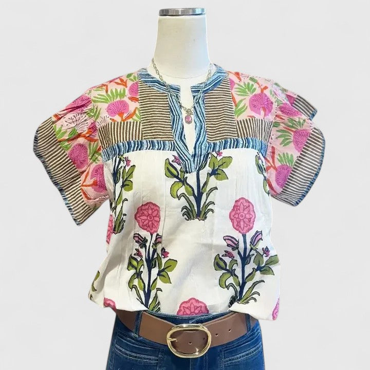 Floral Block Print Puff Sleeve Split Neck Top
