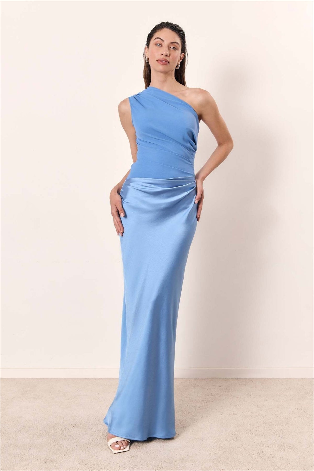 Satin One Shoulder Ruched Bodycon Maxi Dress - View 17