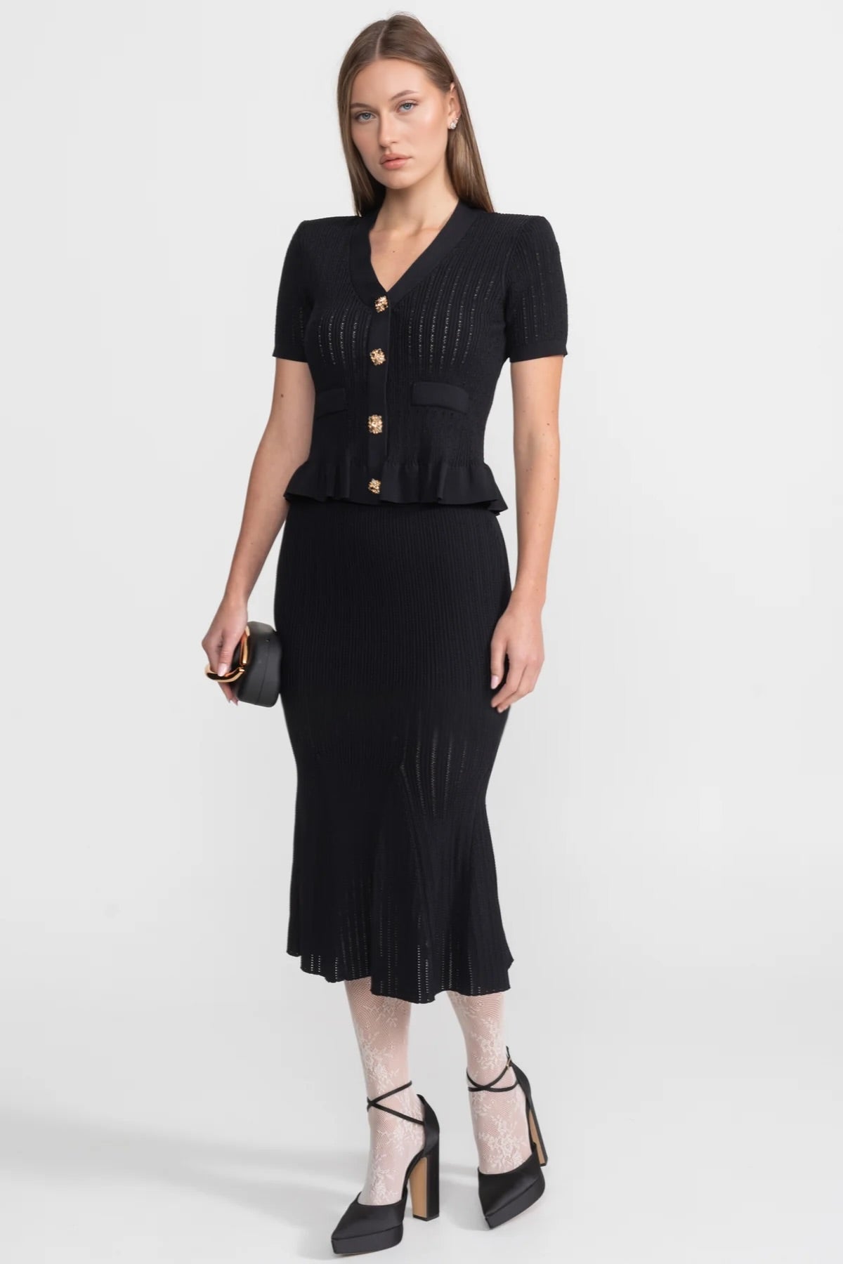 Knit Midi Co-Ord with Peplum Waist and Gold Buttons – Black - View 2