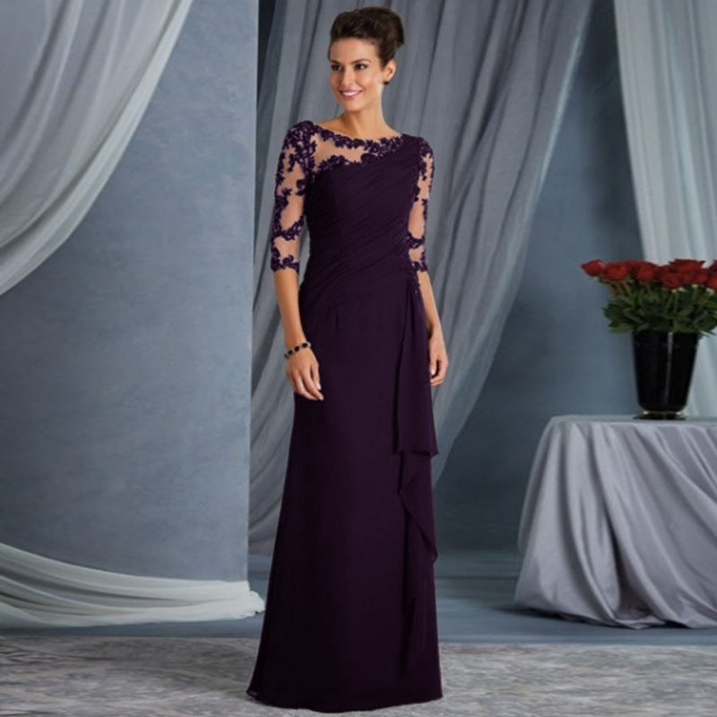 Lace Illusion Boat Neck Three Quarter Sleeve Ruched Maxi Gown - View 3
