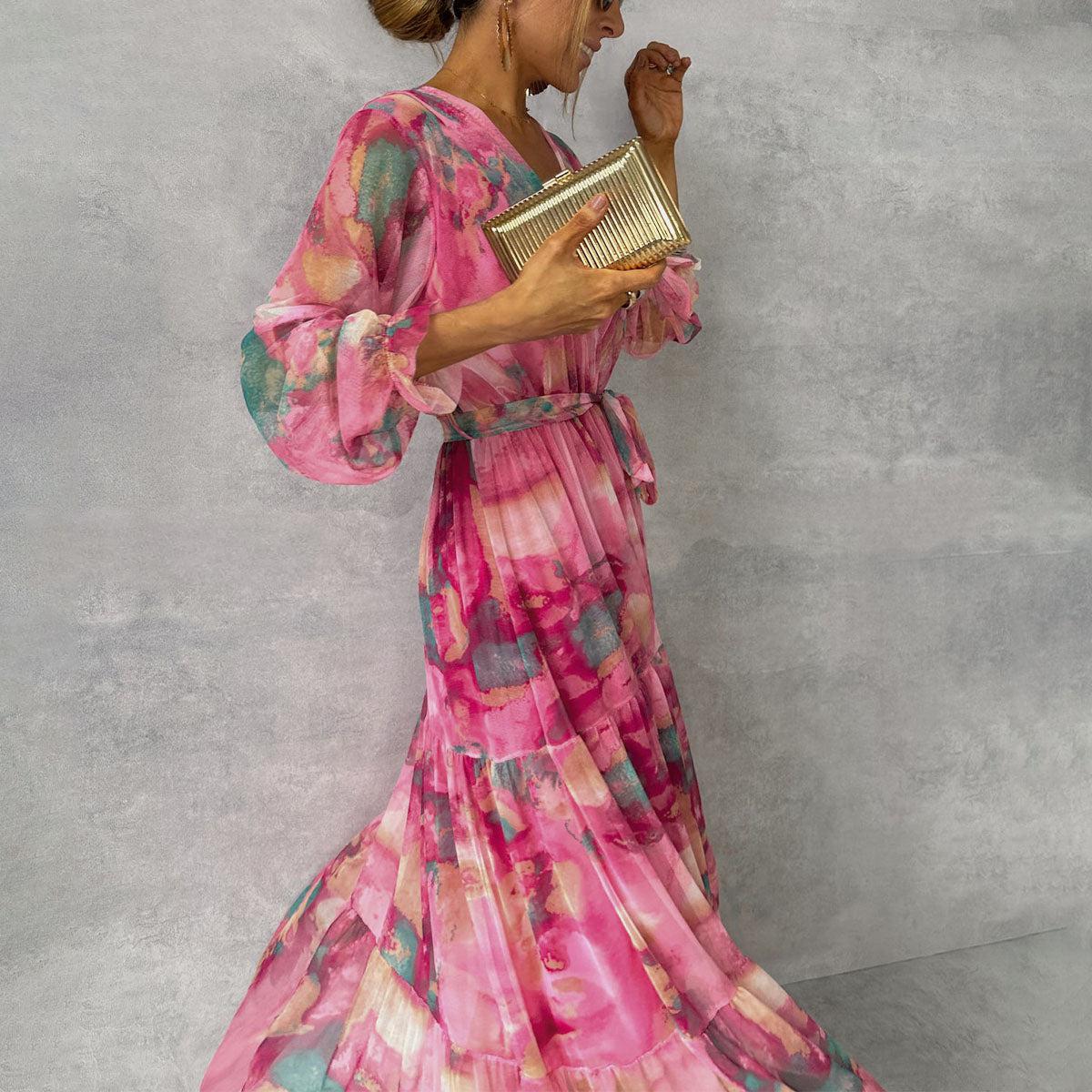Long Sleeve Wrap Tie Waist Tiered Ruffle Abstract Print Maxi Dress - View 3