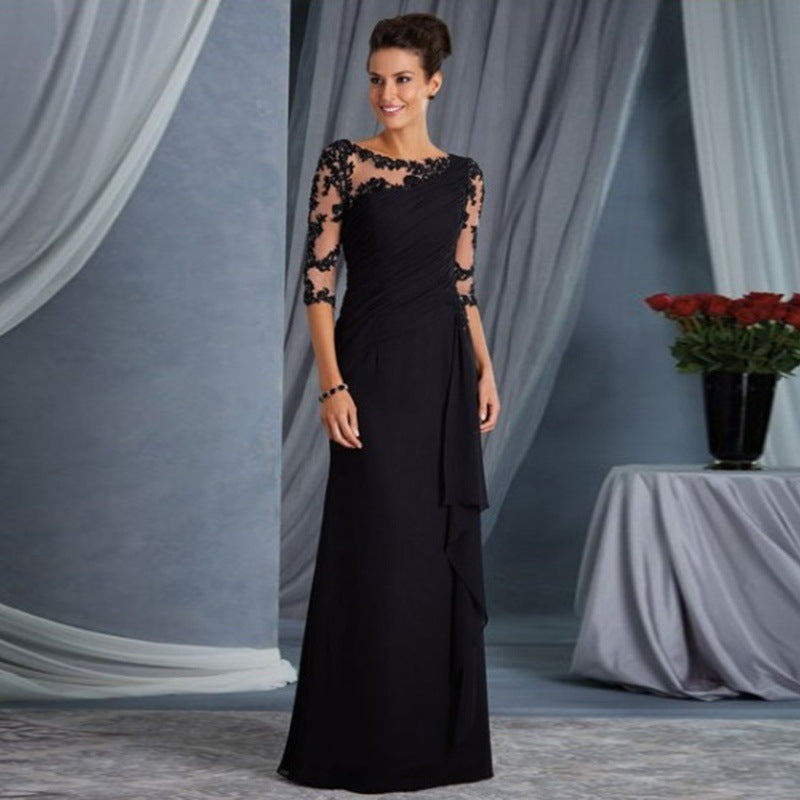 Lace Illusion Boat Neck Three Quarter Sleeve Ruched Maxi Gown - View 2