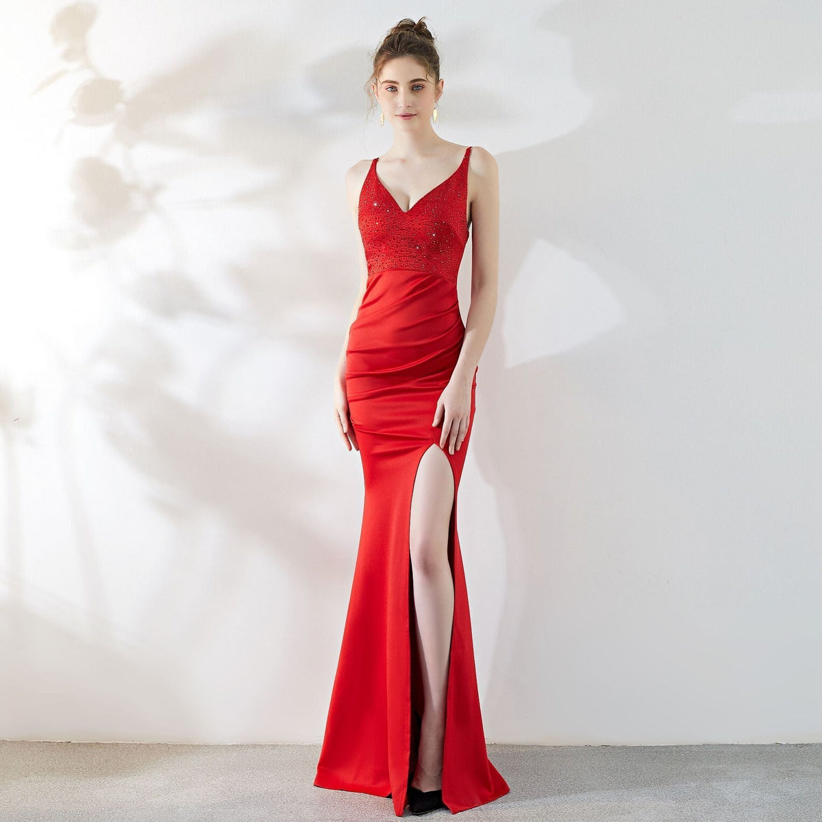 Beaded Satin V-Neck High Split Mermaid Maxi Gown - View 5