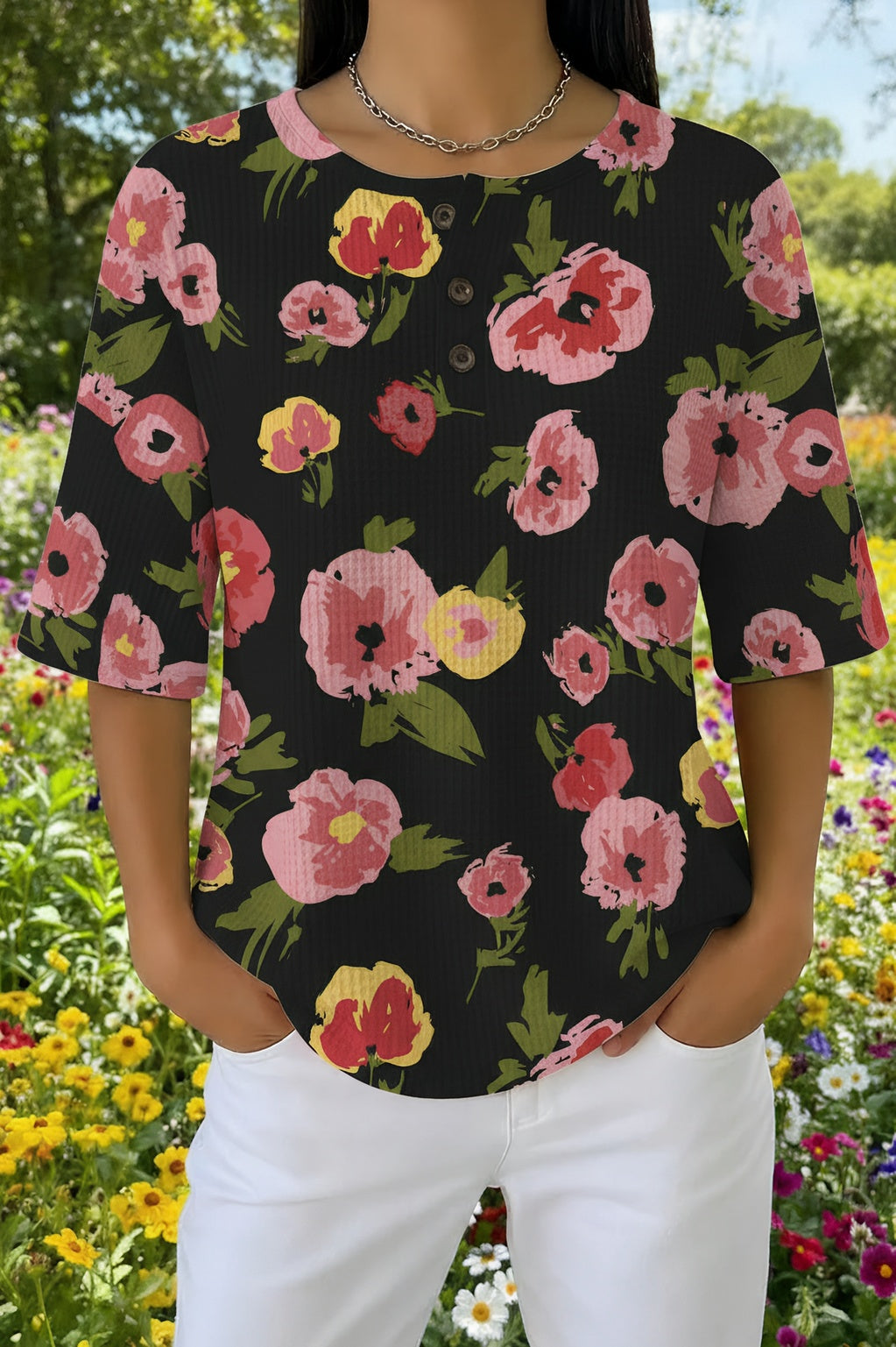 Poppy Floral Print Round Neck Half Sleeve Waffle Henley Top