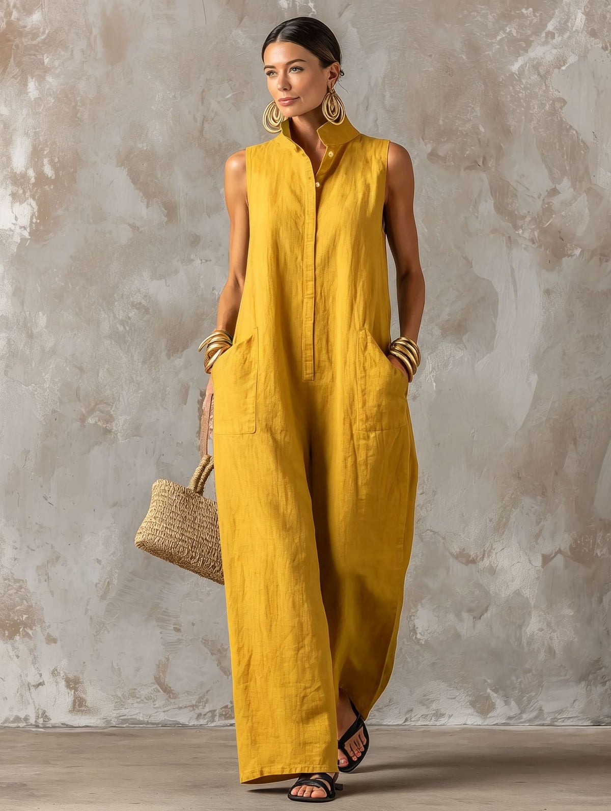 Sleeveless Stand Collar Button Front Wide Leg Jumpsuit with Pockets 6