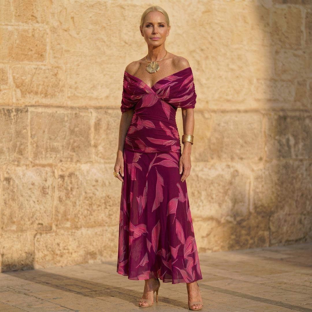 Leaf Print Off Shoulder Ruched Maxi Dress