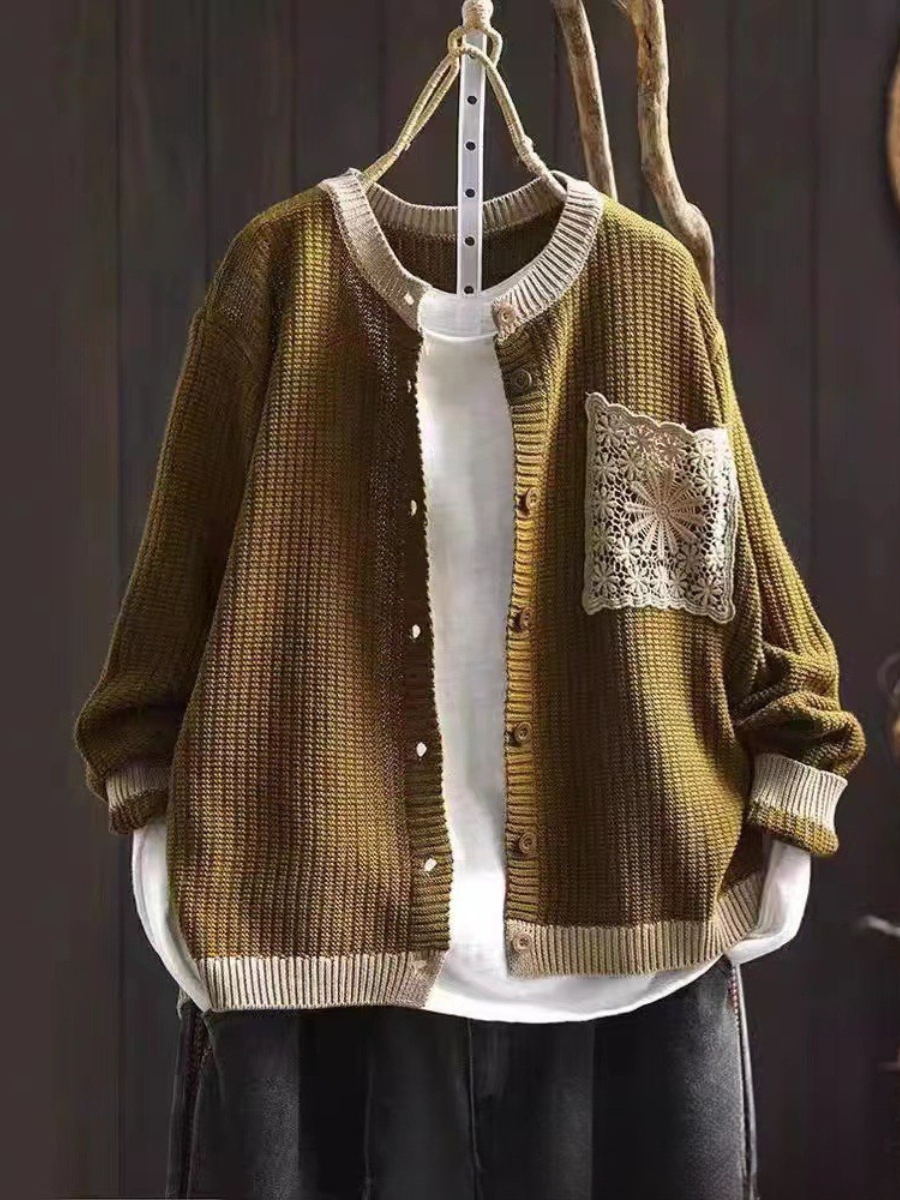 Crochet Pocket Round Neck Button Front Waffle Knit Cardigan 3