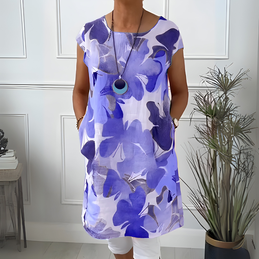 Watercolor Floral Round Neck Short Sleeve Tunic Dress 10