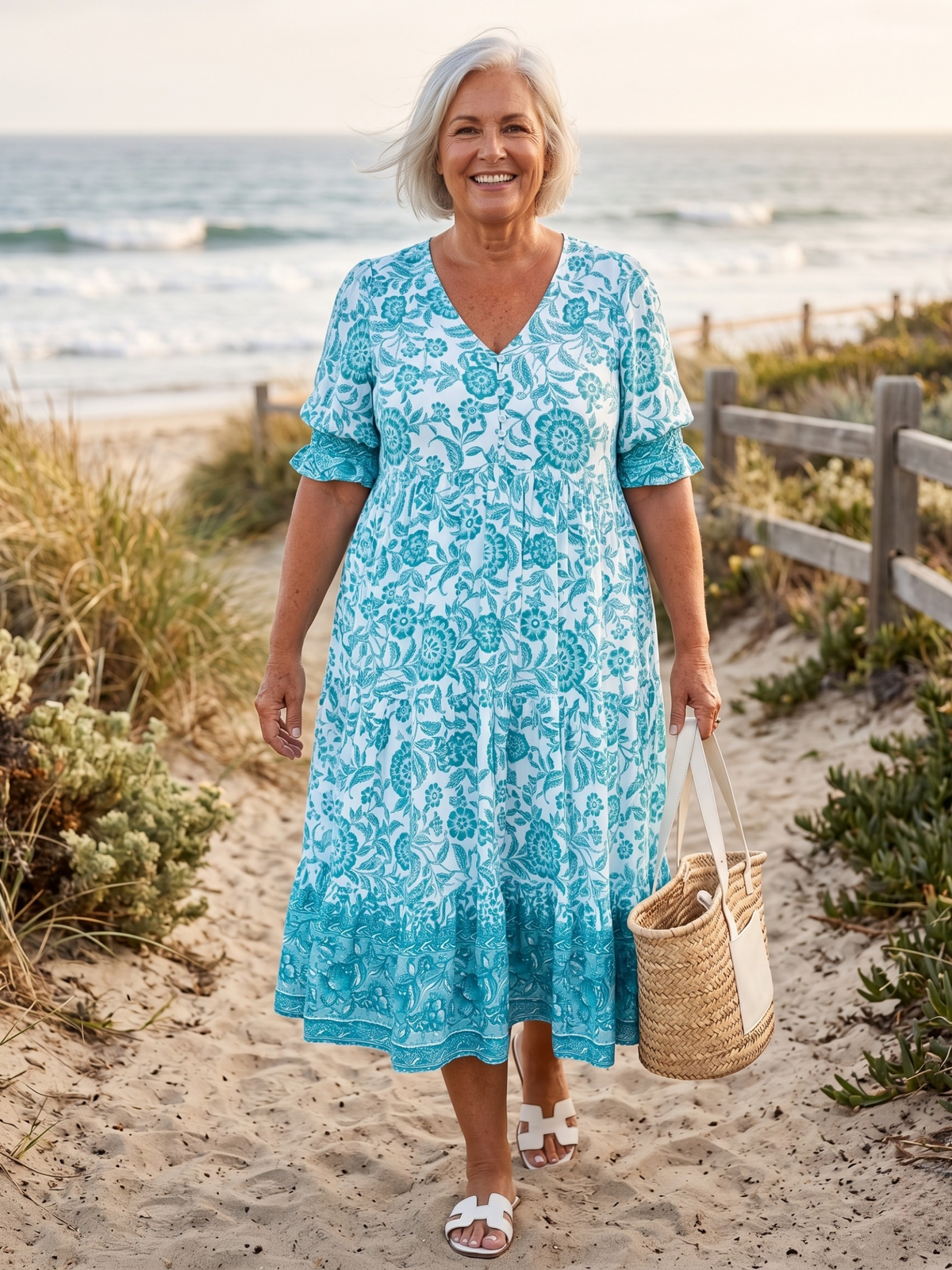 Floral V-Neck Half Sleeve Tiered Midi Dress 4