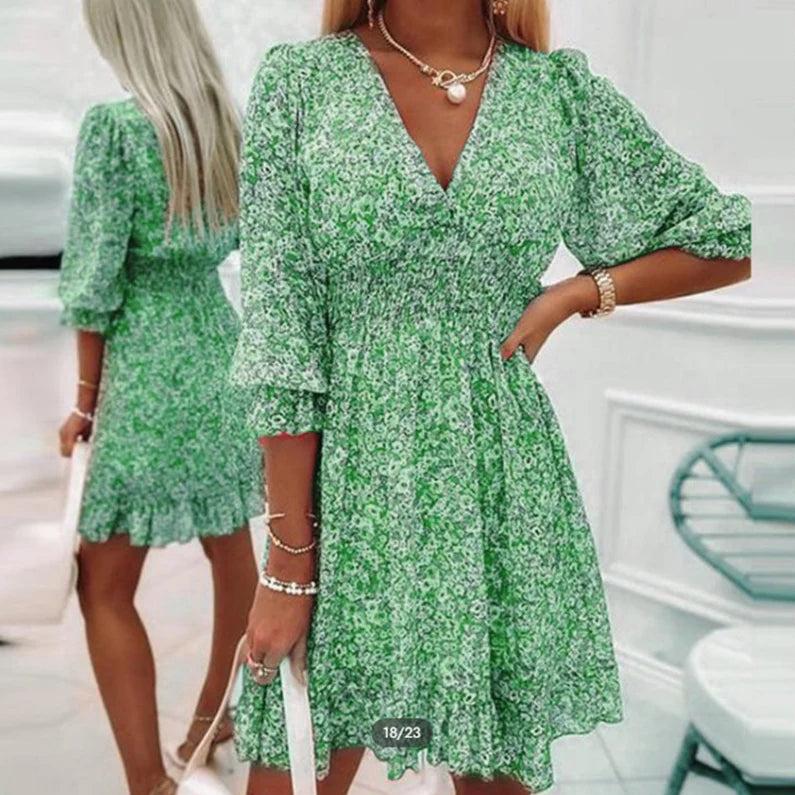Floral V-Neck Ruffle Cuff Smocked Waist Mini Dress 3