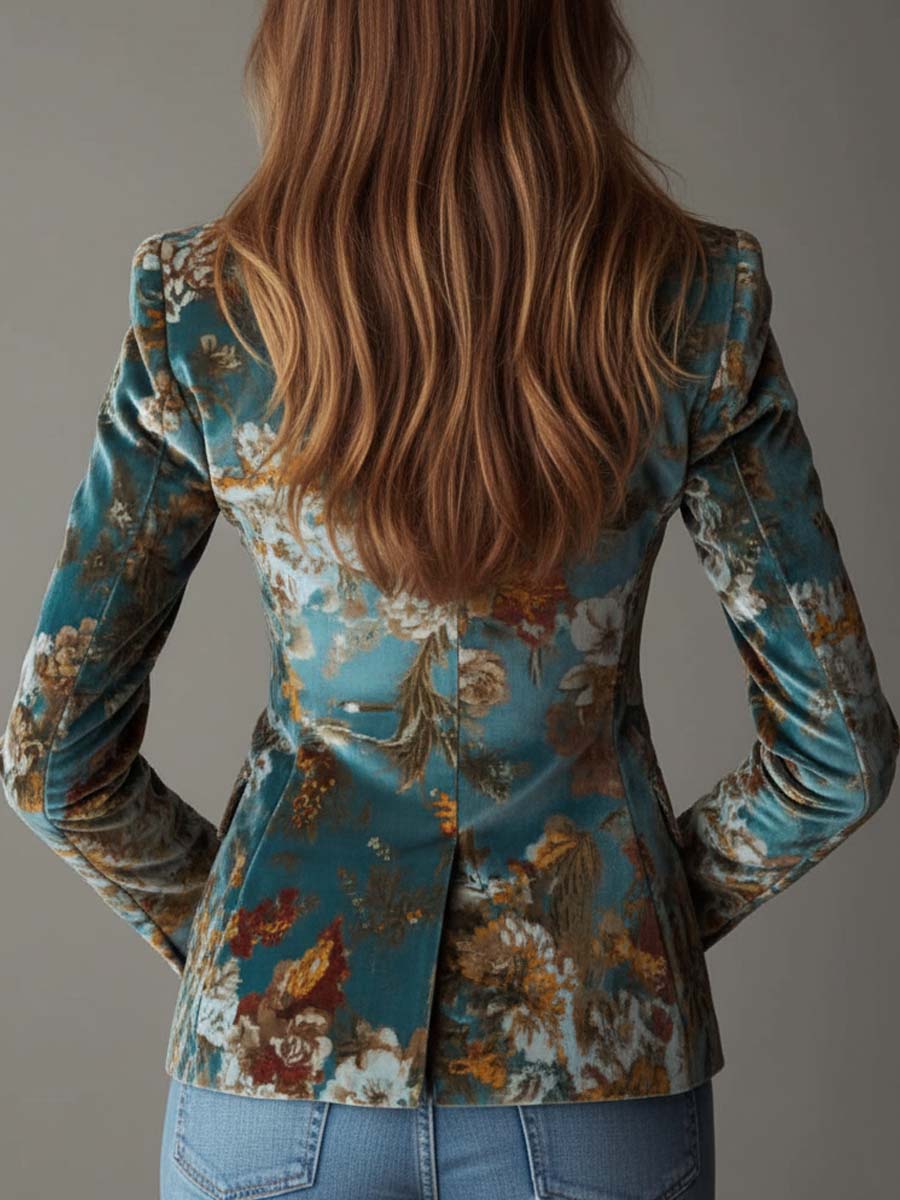 Floral Velvet Peak Lapel Fitted Blazer 6