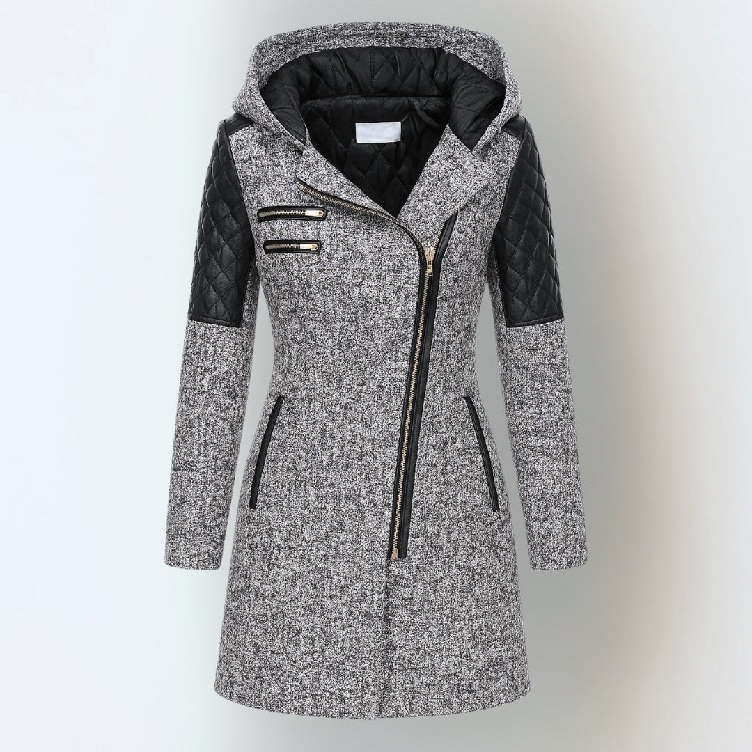 Hooded Quilted Faux Leather Sleeve Zip Front Coat