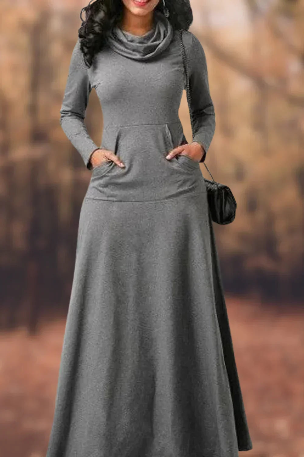 Knit Cowl Neck Long Sleeve Kangaroo Pocket Maxi Dress