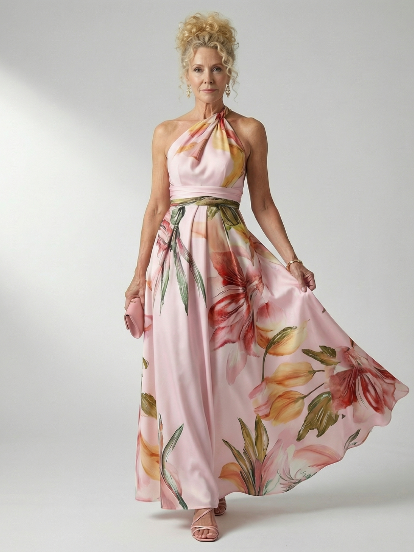 One Shoulder Floral Belted Satin Maxi Dress 8