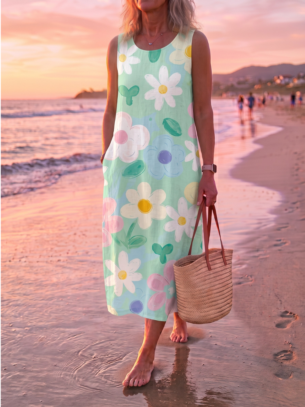 Round Neck Sleeveless Daisy Floral Midi Dress
