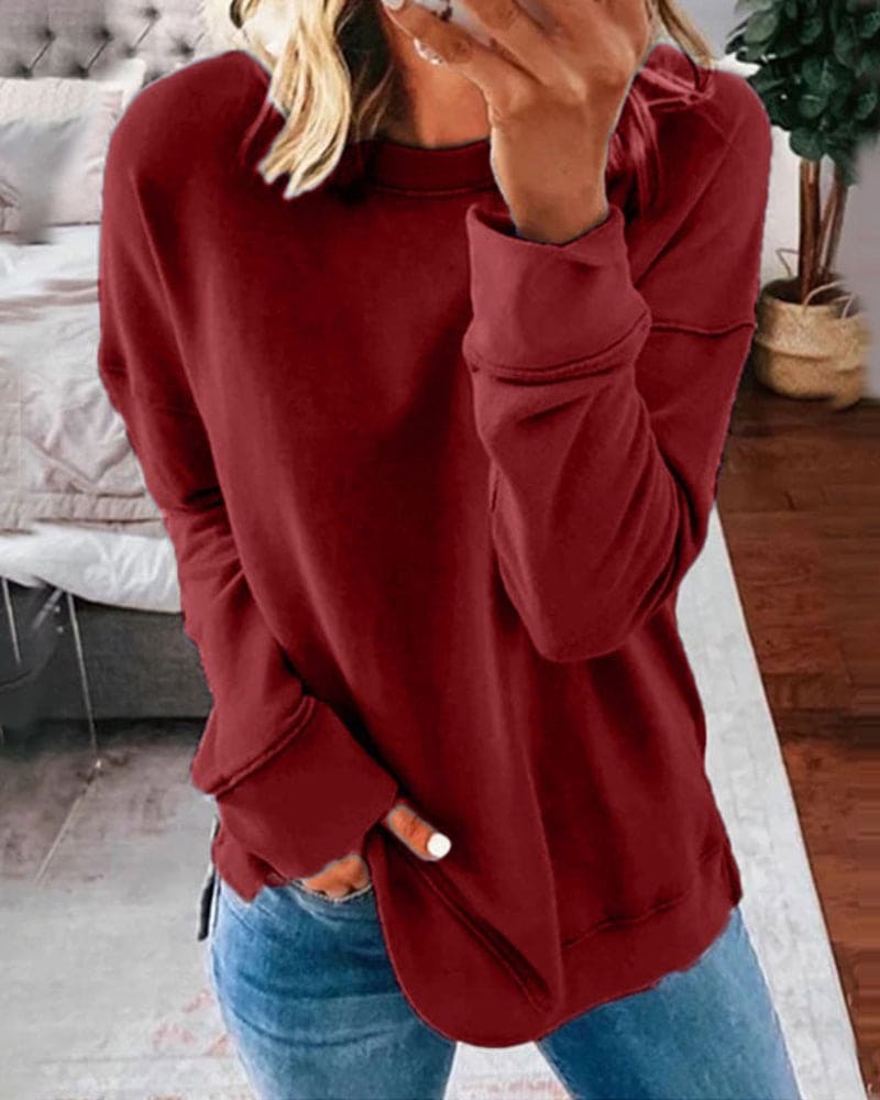 Crew Neck Long Sleeve Exposed Seam Side Split Sweatshirt 5