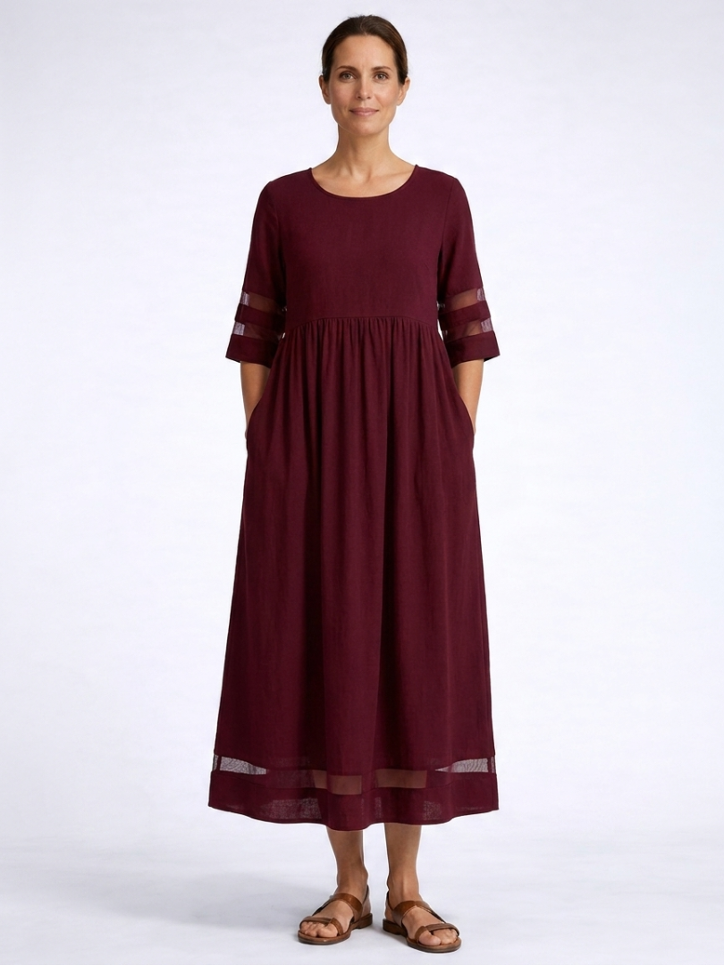 Round Neck Half Sleeve Sheer Stripe Gathered Waist Midi Dress