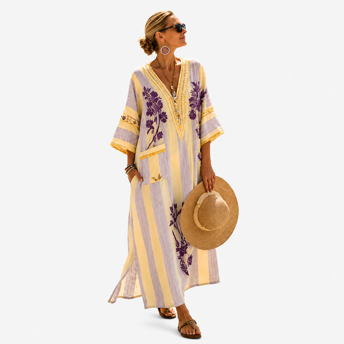 Deep V-Neck Striped Floral Embroidered Kaftan Maxi Dress