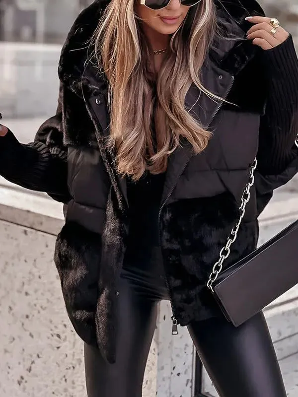 Hooded Faux Fur Ribbed Cuff Padded Puffer Jacket 11