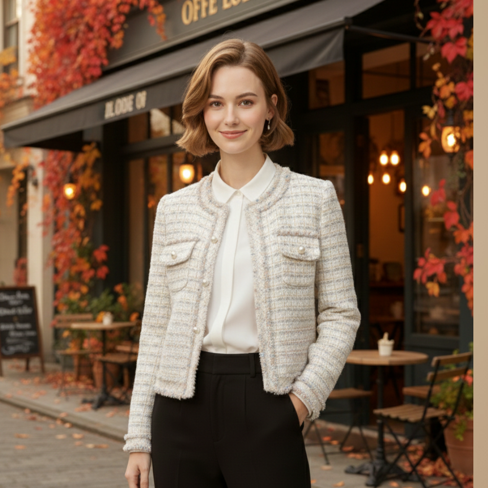 Tweed Check Round Neck Button Front Cropped Jacket 12