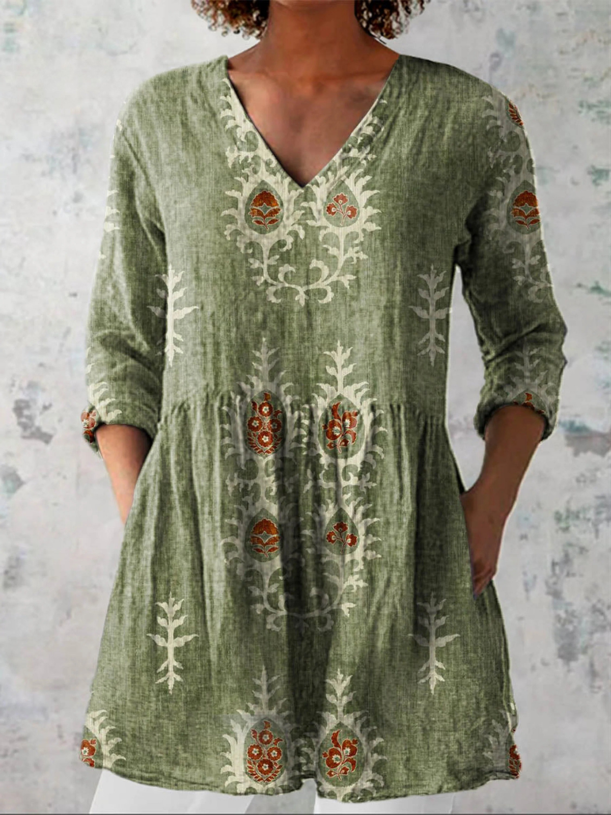 Damask Print V-Neck Long Sleeve Peplum Tunic Top