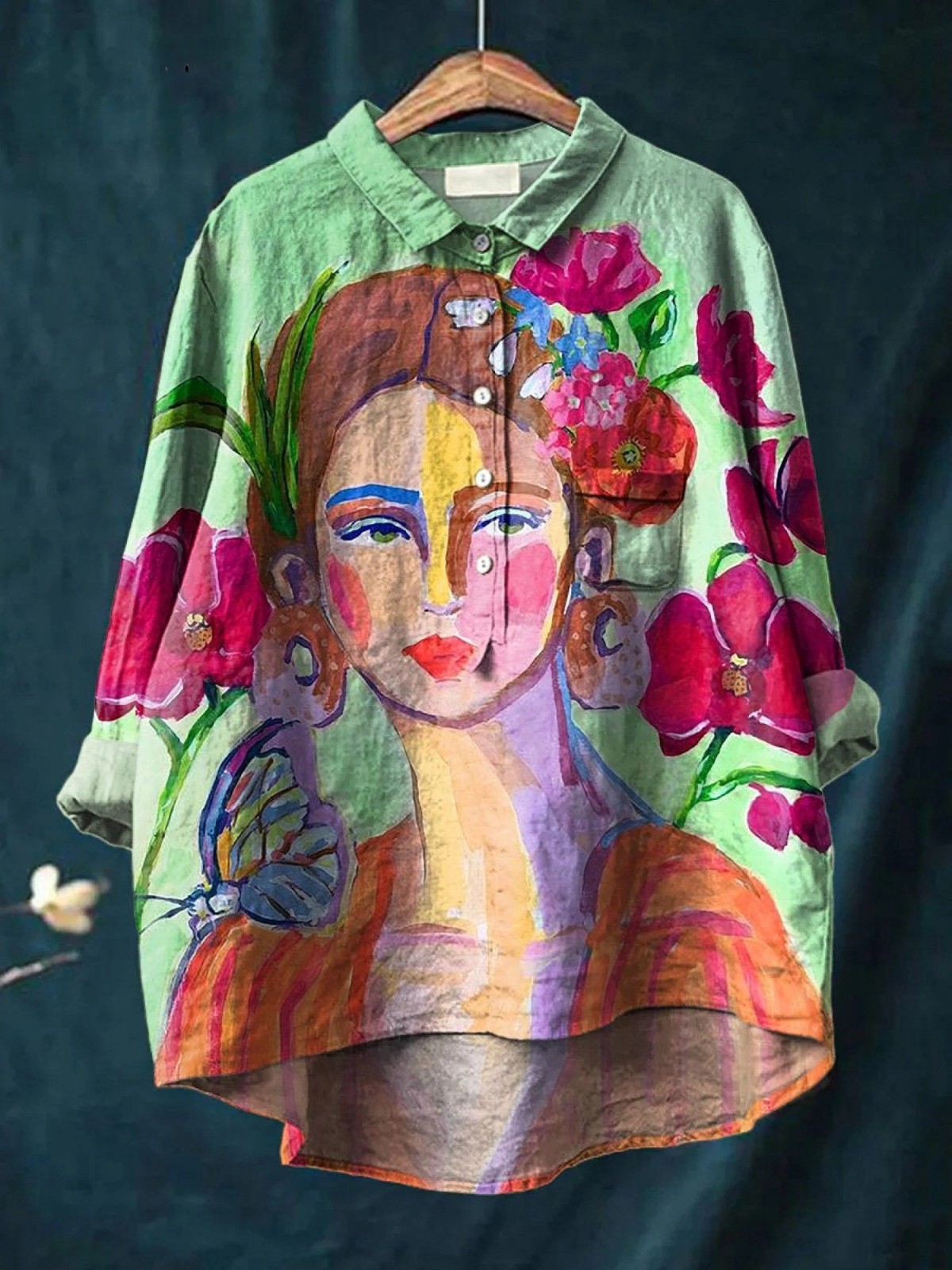 Portrait Art Print Collared Button Front Long Sleeve Shirt