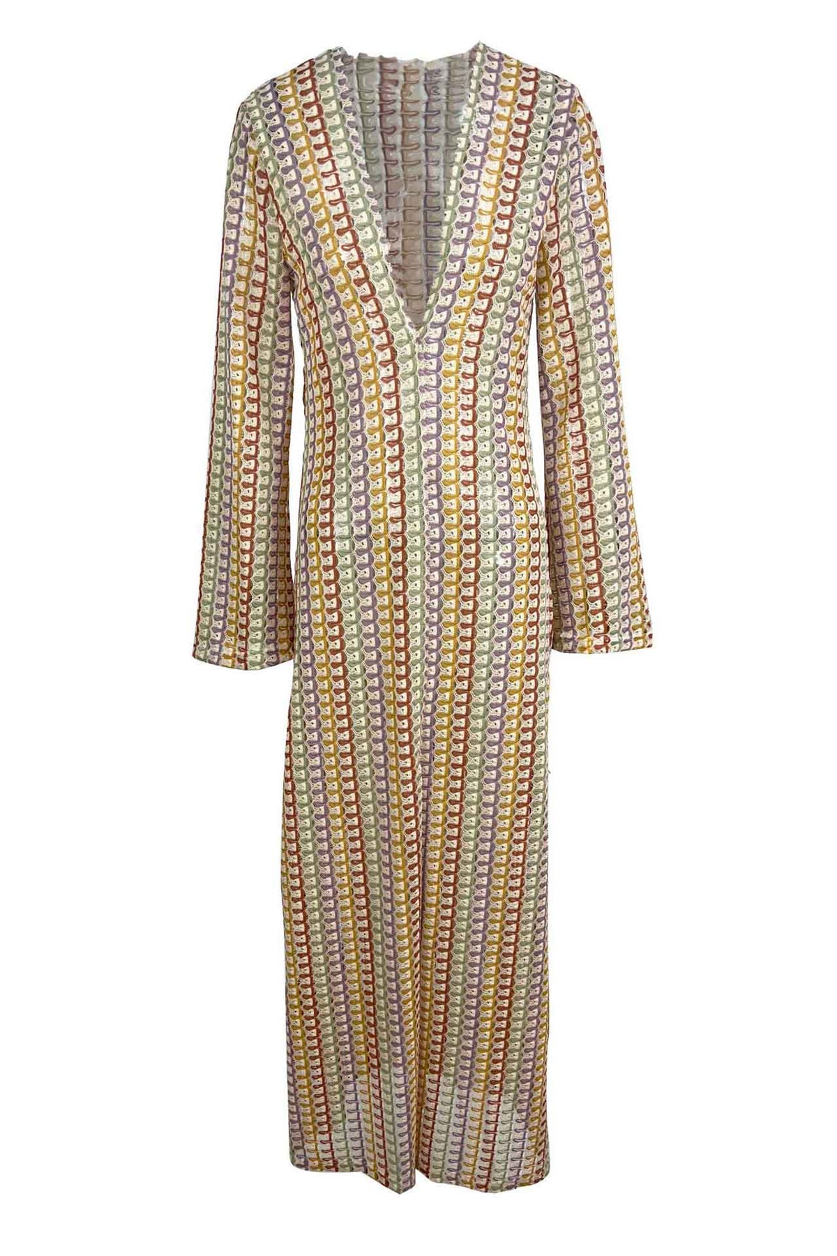 Crochet Deep V-Neck Long Sleeve Striped Boho Maxi Dress - View 18