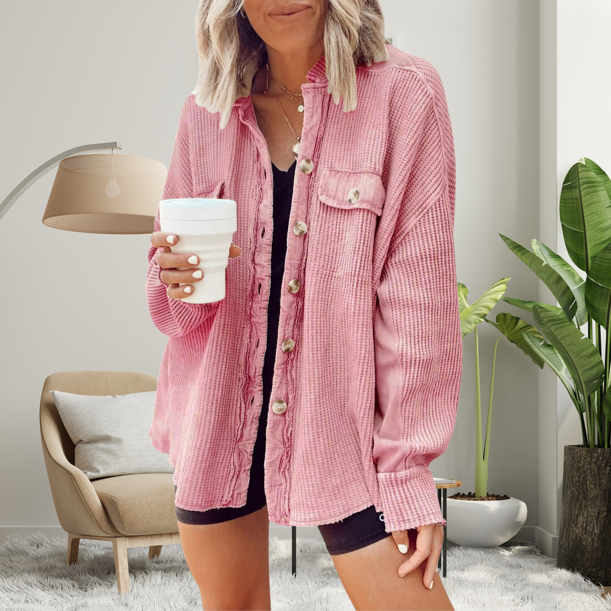 Waffle Knit Drop Shoulder Button Down Shacket 9