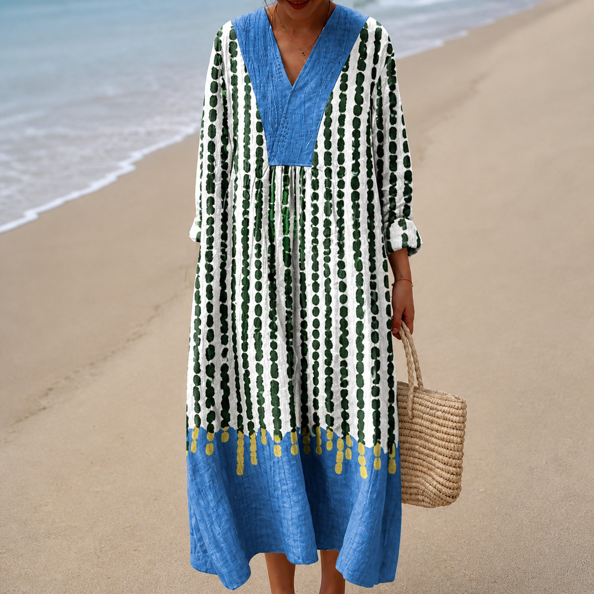 V-Neck Long Sleeve Dot Stripe Print Tiered Midi Dress