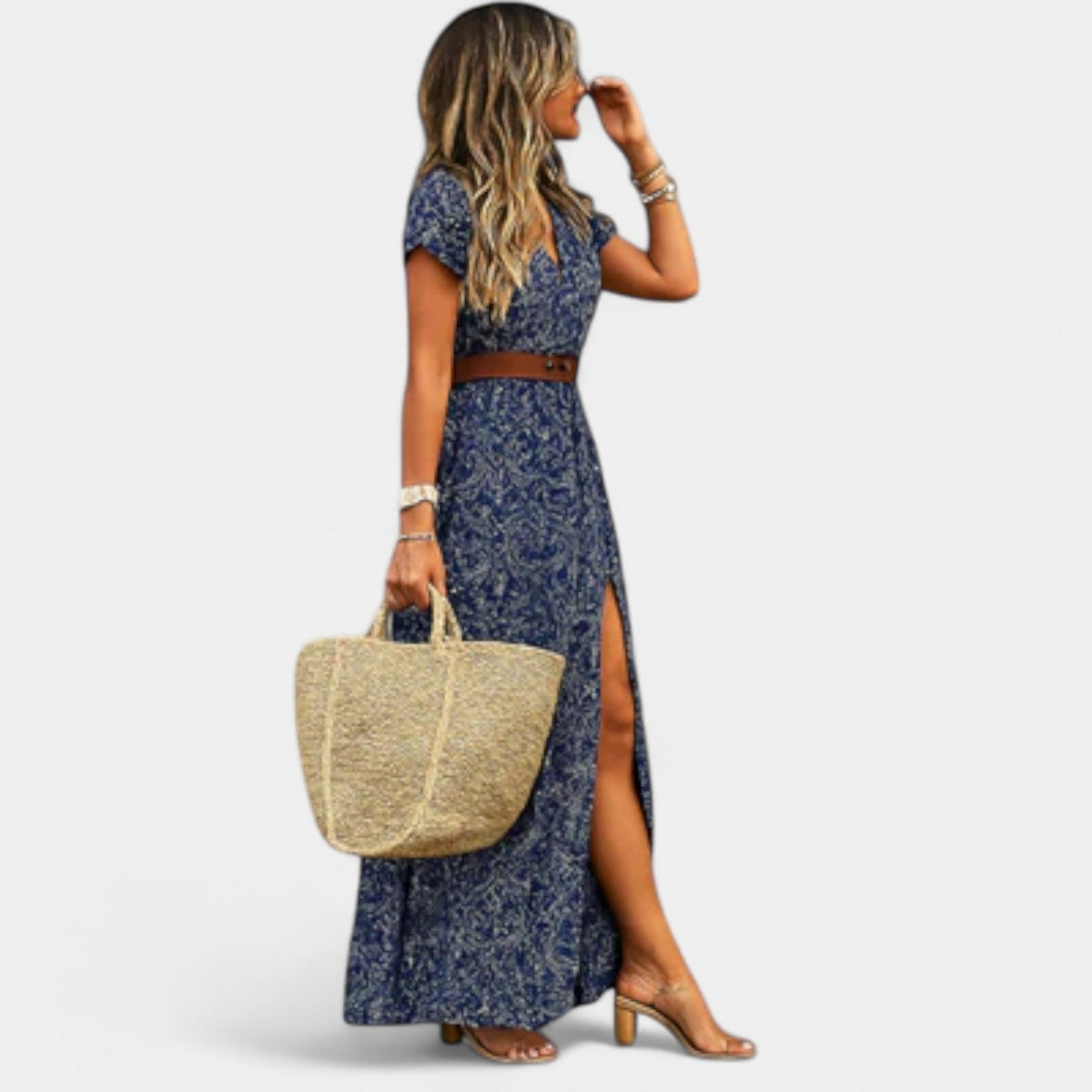Paisley Print Short Sleeve Belted High Split Maxi Dress