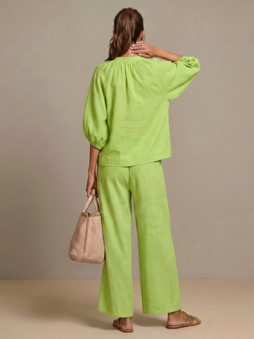 Puff Sleeve Zip Front Top and Wide Leg Pants Two Piece Set 8