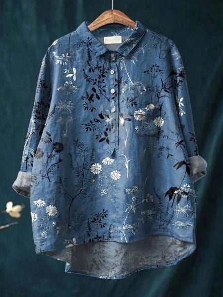 Watercolor Floral Print Long Sleeve Button Blouse 14