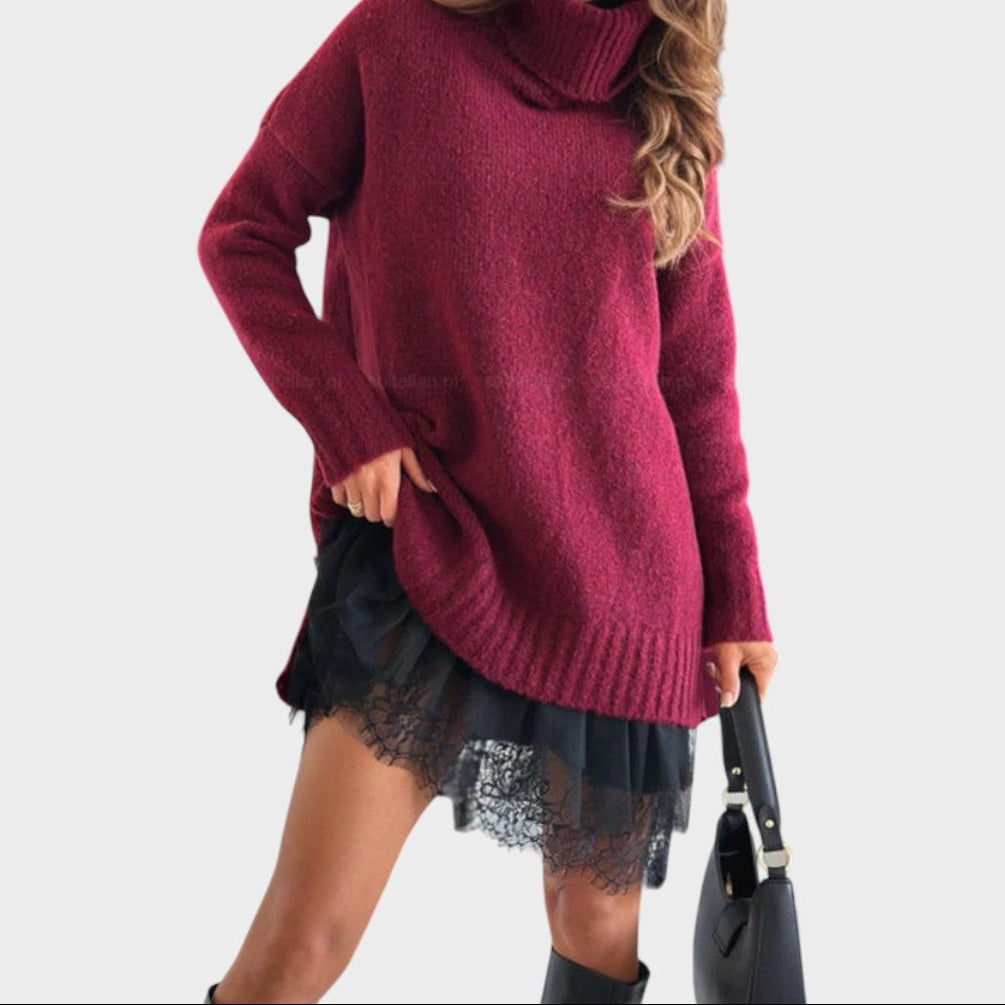 Turtleneck Oversized Sweater and Lace Slip Dress Two Piece Set 3