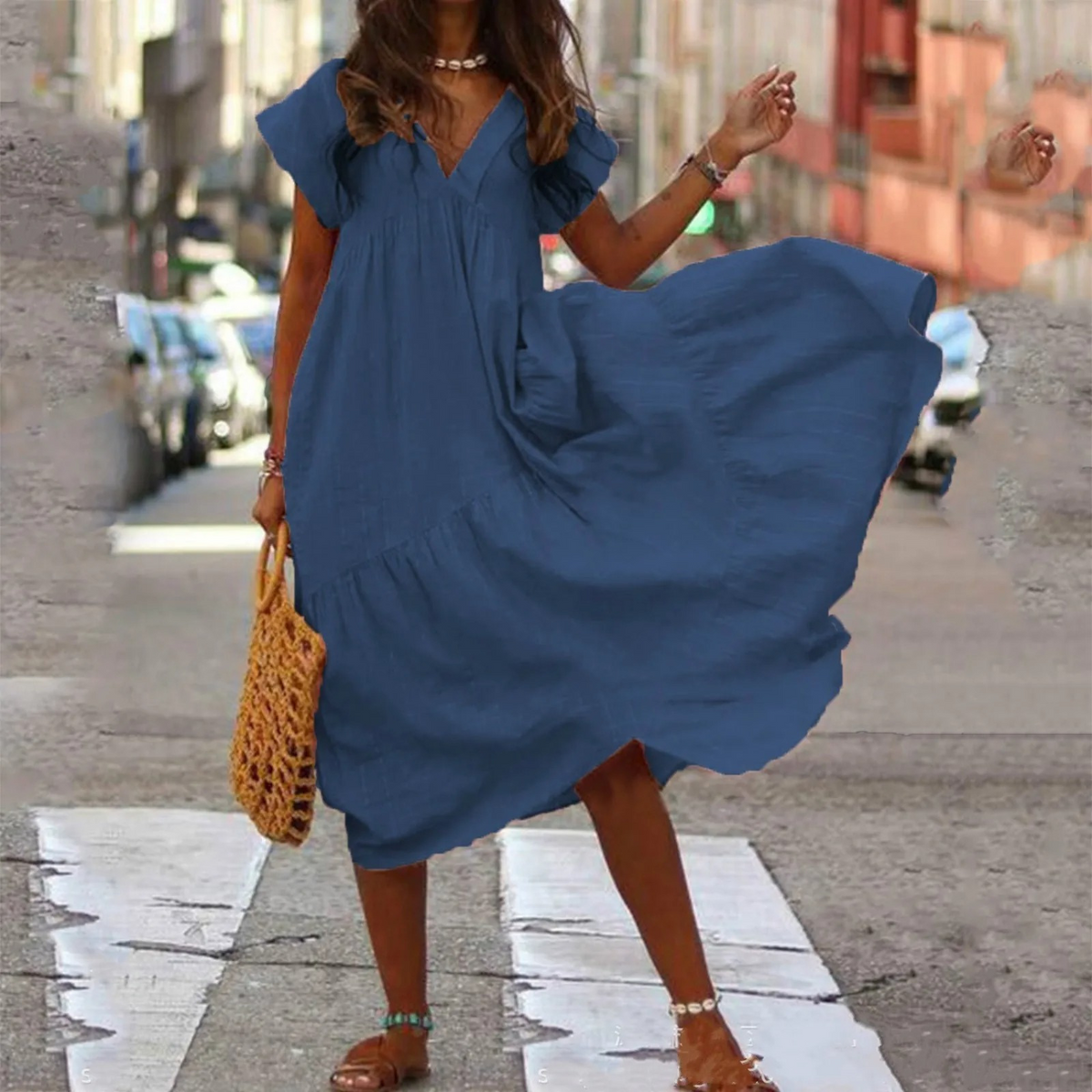 V-Neck Flutter Sleeve Tiered Ruffle Smock Midi Dress - View 5