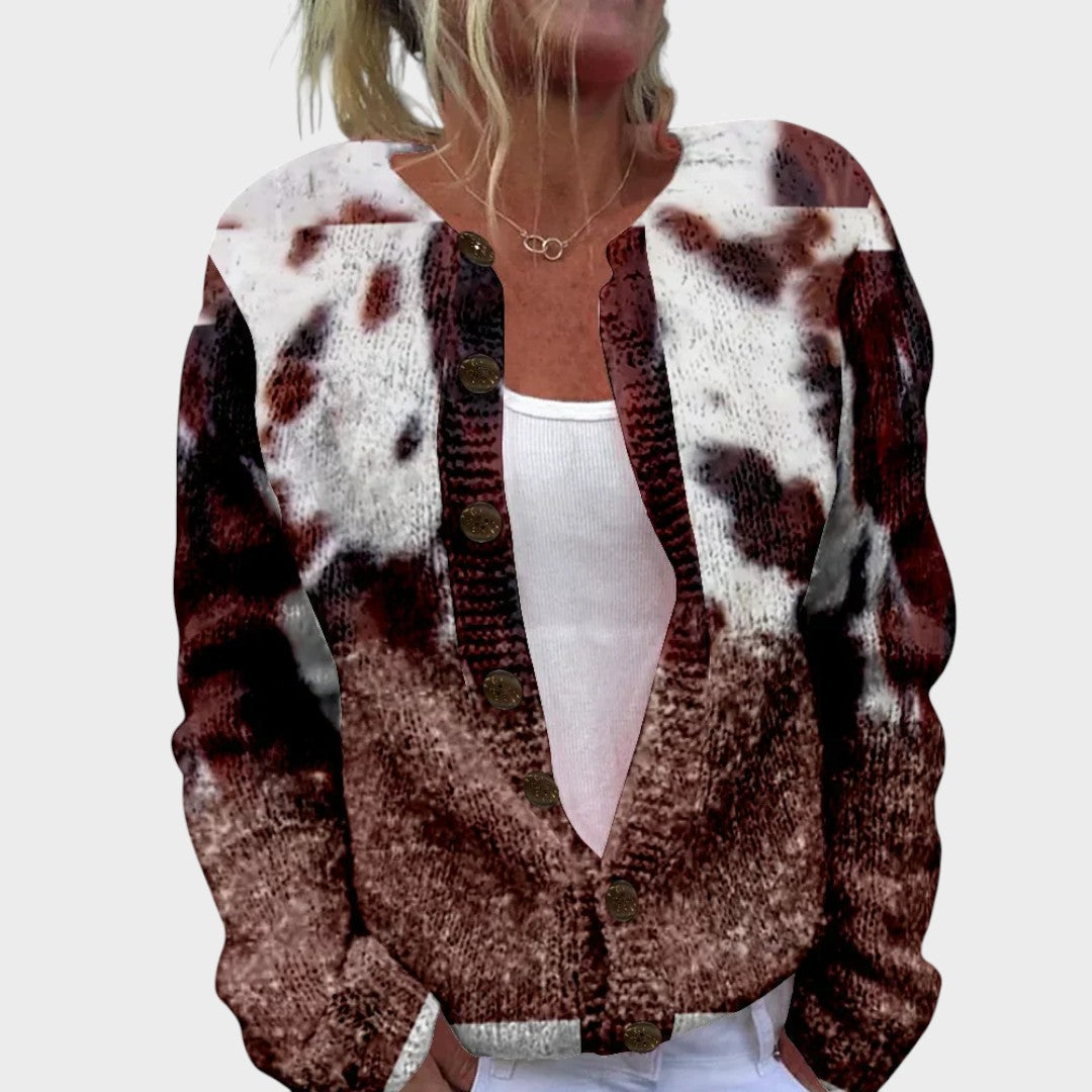Cow Print Button Front V-Neck Knit Cardigan