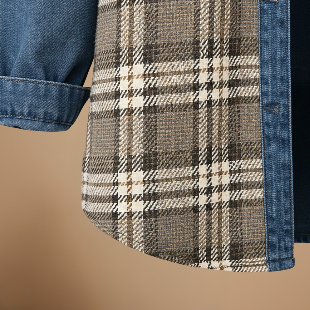 Plaid Patchwork Denim Button Front Shacket 3