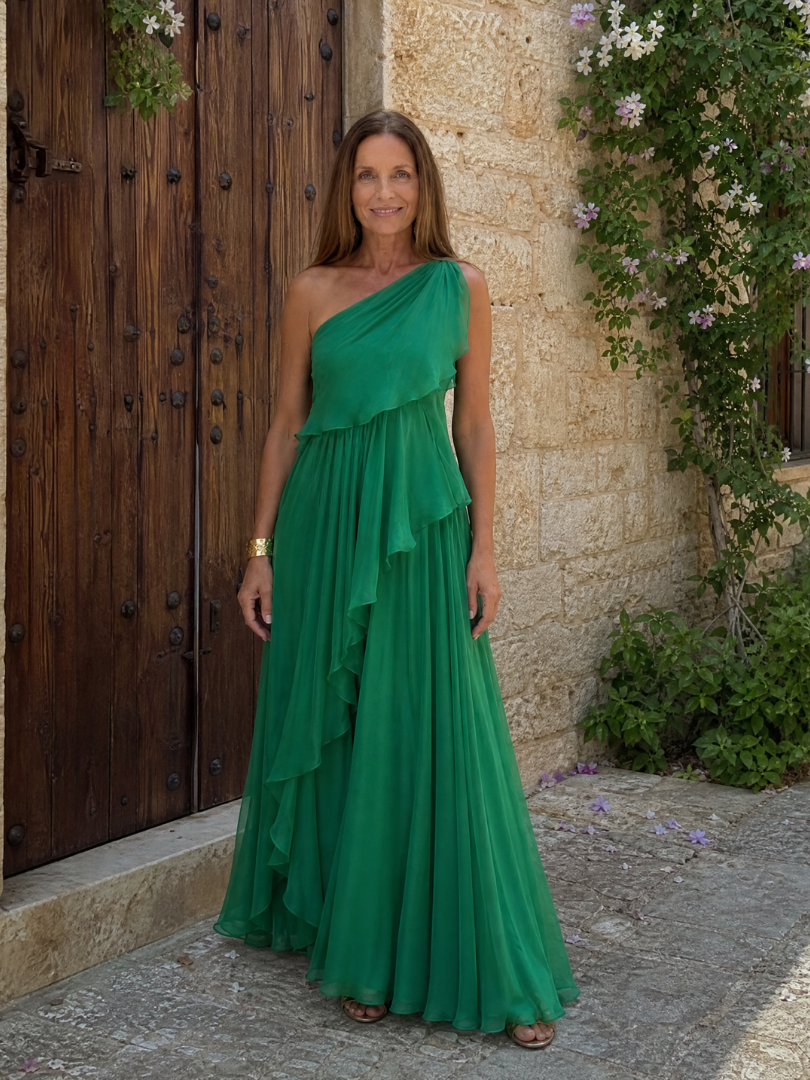 One Shoulder Ruffle Tiered Chiffon Maxi Gown 8
