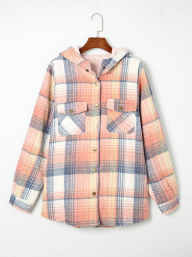 Plaid Sherpa Lined Button Front Hooded Shacket 8