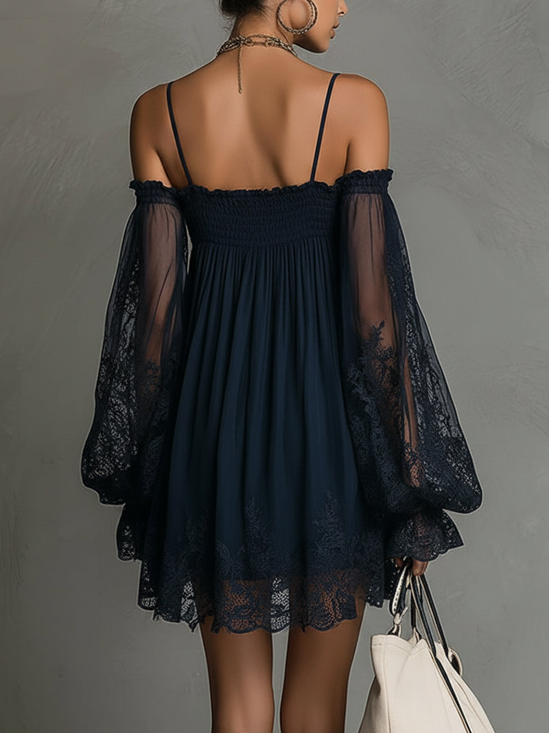 Off Shoulder Lace Bell Sleeve Smocked Mini Dress 5