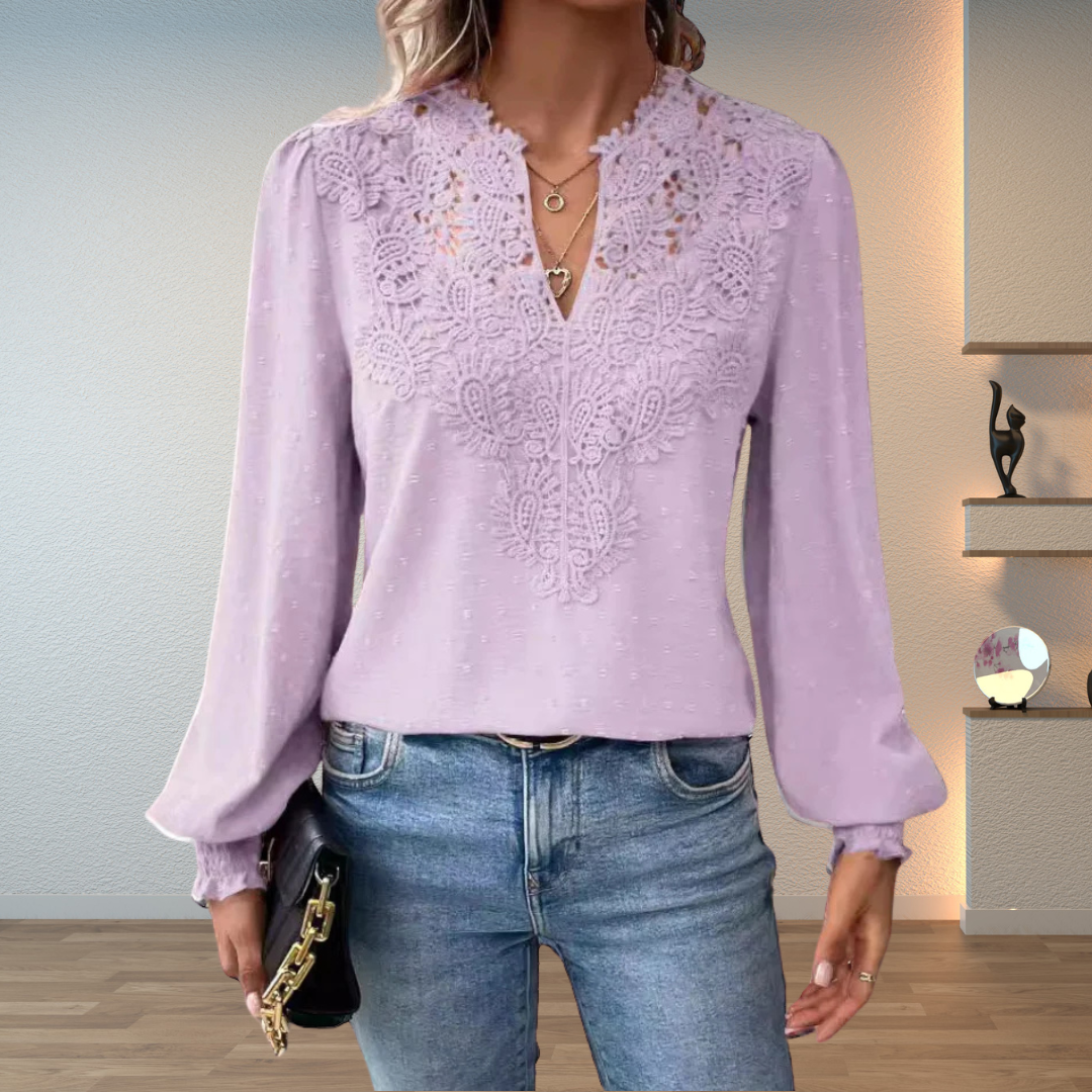 Lace Applique V-Neck Long Sleeve Swiss Dot Blouse 7