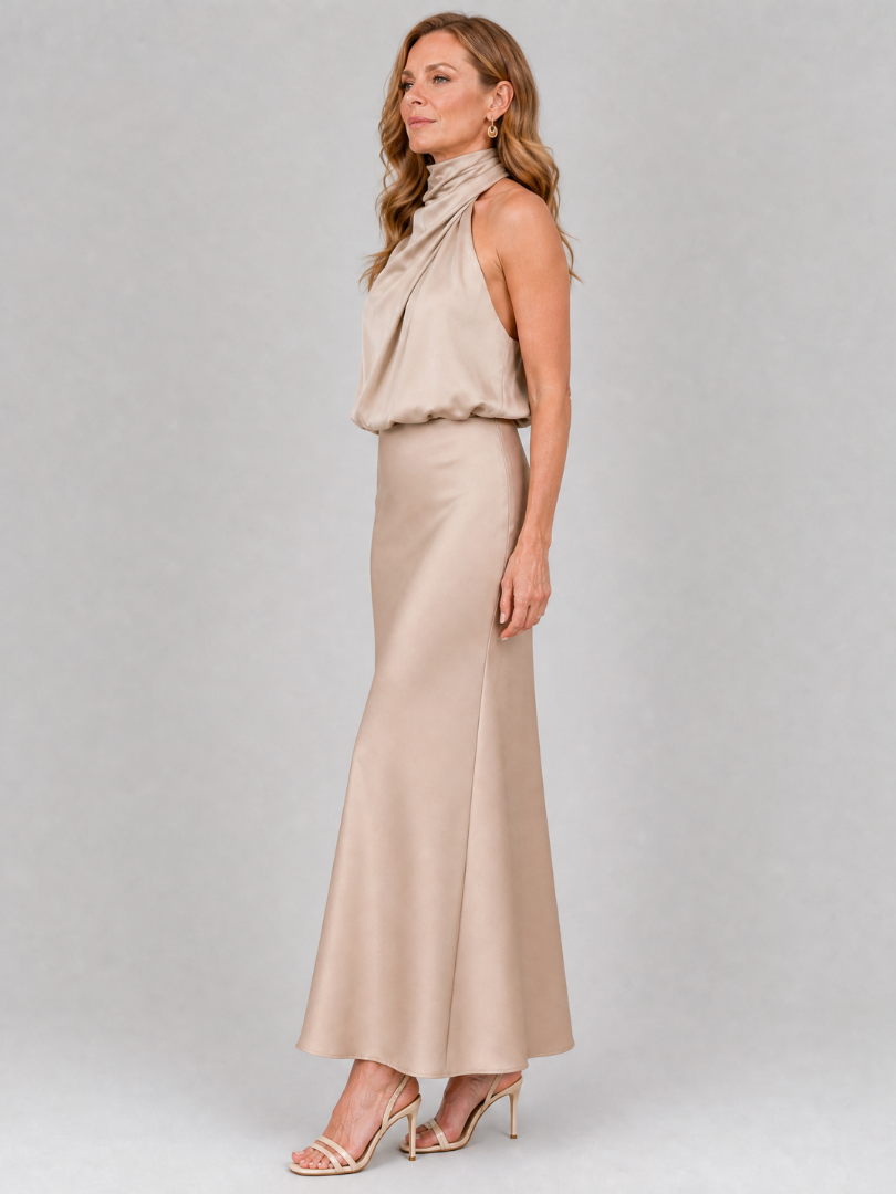 Satin Halter Neck Draped Maxi Dress 13