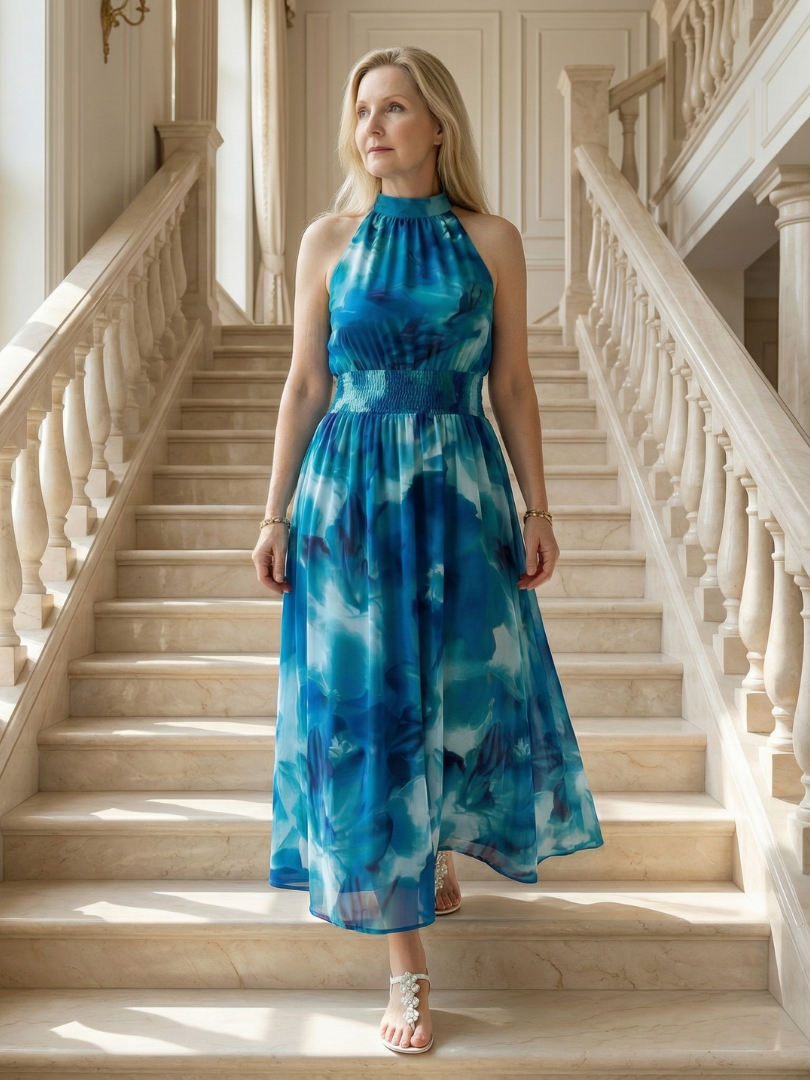 Tie Dye Halter Neck Smocked Waist Maxi Dress 17
