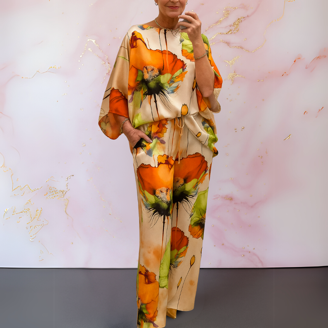 Watercolor Floral Batwing Top and Wide Leg Pants Two Piece Set 5