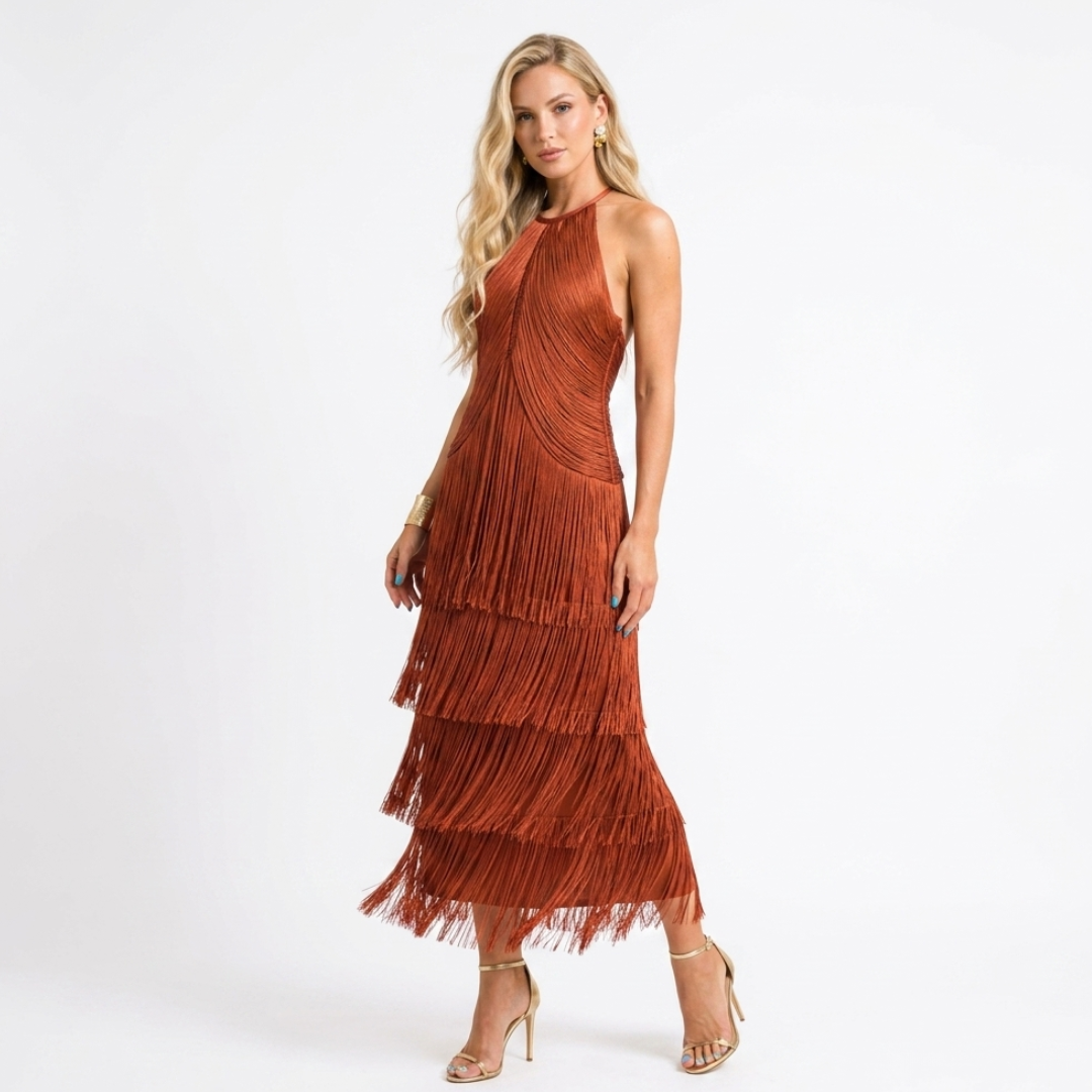 Tiered Fringe Halter Neck High Split Maxi Dress 5
