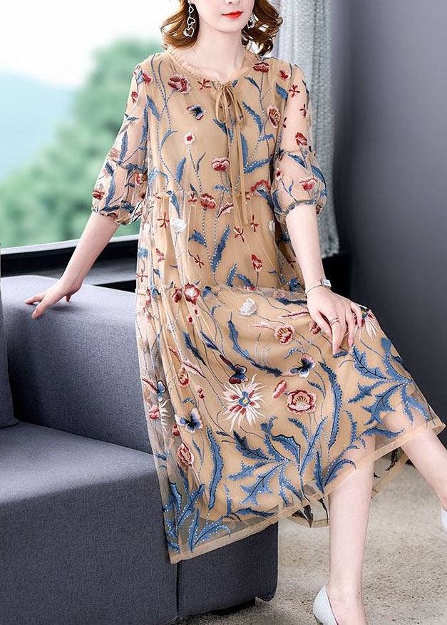 Embroidered Floral Butterfly Mesh Tiered Round Neck Tie Bow Midi Dress - View 3