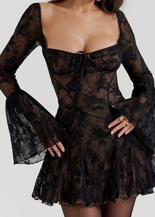Self Tie Lace Long Sleeve Dress Vibrant Red - View 7